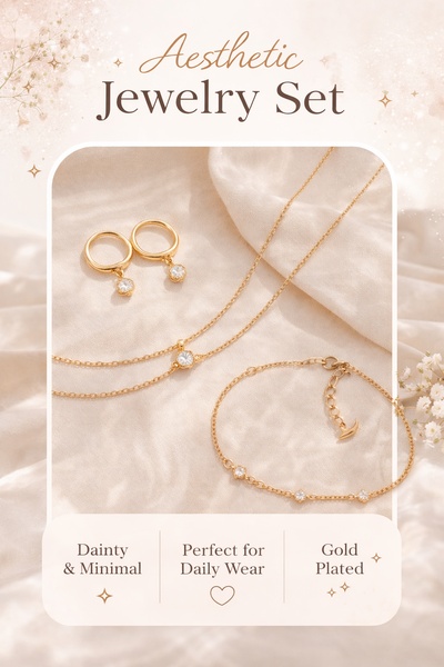 A clean, minimalist product display of a gold jewelry set featuring a necklace, earrings, and bracelet on a soft fabric background.