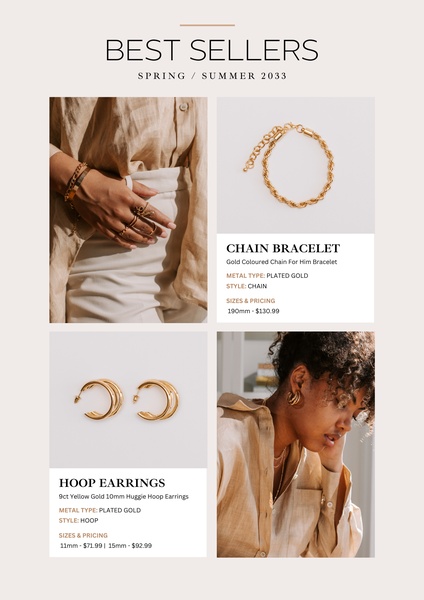 A clean, minimalist product catalog-style layout showcasing a gold chain bracelet and gold hoop earrings. The design uses a neutral palette to highlight product details and pricing.