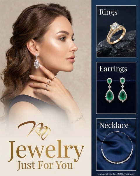 A high-end portrait of a model wearing earrings combined with a sidebar grid showcasing ring, earring, and necklace collections.