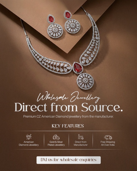 This ad creative uses a clean, premium visual aesthetic to showcase jewellery products while clearly communicating a direct-from-manufacturer wholesale offer.