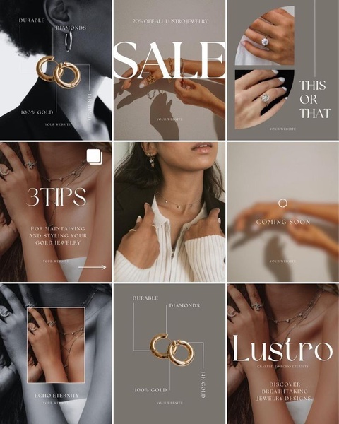 A high-end series of images featuring gold hoops, rings, and layered necklaces with a clean, editorial aesthetic that emphasizes product durability and quality.