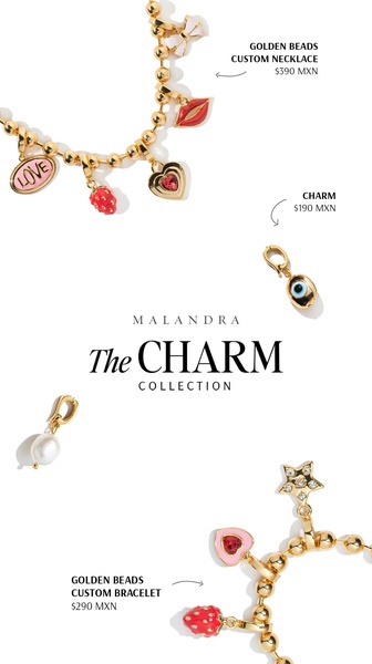 A clean, high-fashion grid display showing custom gold-beaded necklaces and individual charms to inspire product layering and personalization.