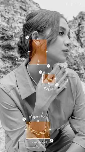 A high-end editorial image featuring a woman wearing jewelry with overlay boxes highlighting specific product names and items.