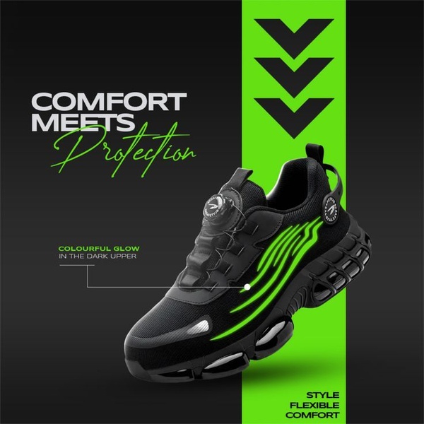 A high-contrast advertisement for safety shoes featuring neon green accents, glowing upper details, and a clear value proposition focused on comfort and safety.