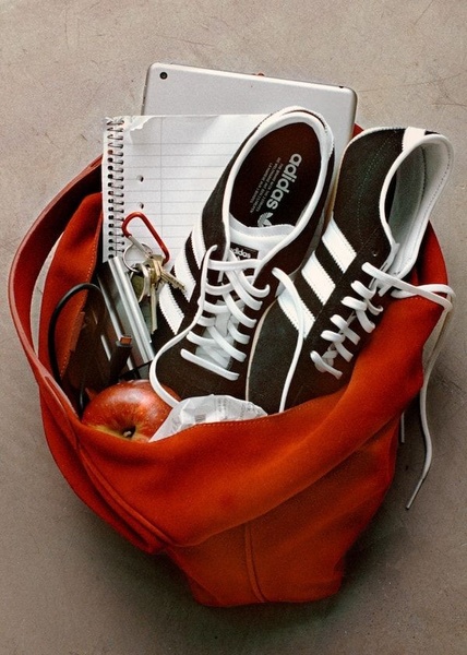 A top-down, organized view of a running shoe placed inside a bag alongside daily essentials like a notebook, tablet, and apple, symbolizing a busy, active lifestyle.