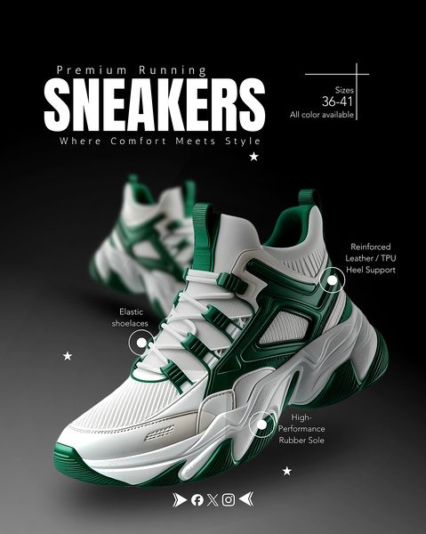 A high-contrast, professional product ad using technical call-outs to explain shoe construction and comfort features for performance-driven consumers.