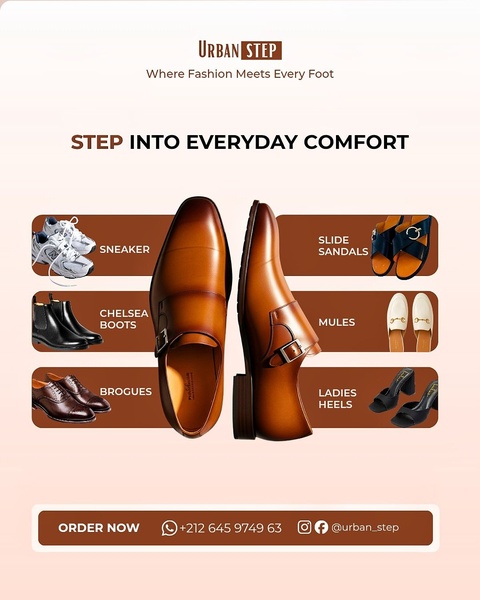 A clean, grid-based advertisement displaying six different types of shoes centered around a prominent product highlight.
