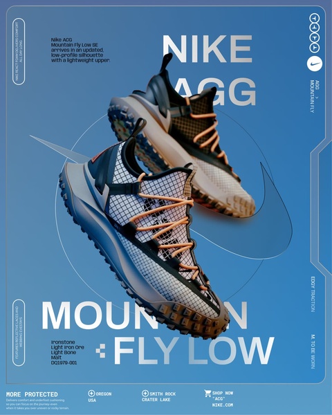 A high-performance product display ad featuring two angles of a mountain shoe against a clean, architectural blue backdrop with highlighted technical specs.