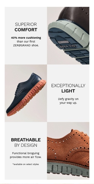 A vertical 9:16 layout dividing the ad into three distinct segments, each focusing on a specific product benefit with high-quality imagery of the shoe from different angles.