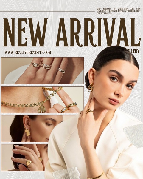 This creative showcases multiple jewellery items through a clean collage layout featuring a model wearing the products alongside detailed close-up shots.