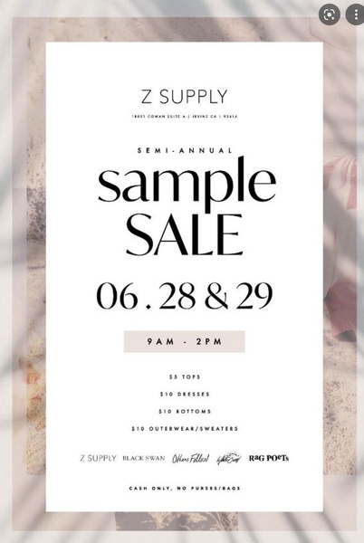 sample sale, clothing sale, apparel sale, fashion sale, tops and dresses, outerwear sale, clearance sale, limited time deal, modern typography, editorial, bold, trustworthy, neutral, black, pastel