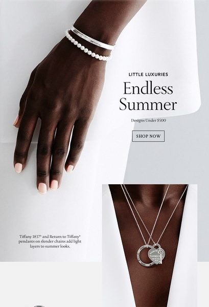 This jewelry ad uses a clean, high-contrast split-layout to feature delicate necklaces and bracelets against a soft, elegant background.
