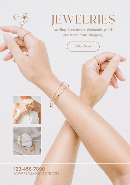 A clean, elegant promotional ad featuring close-up hand shots of bracelets and rings to highlight a jewelry sale.
