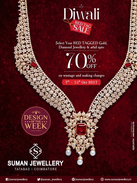 A luxury diamond necklace centered against a rich, dark red background highlights a seasonal sale offer for gold and diamond jewelry.