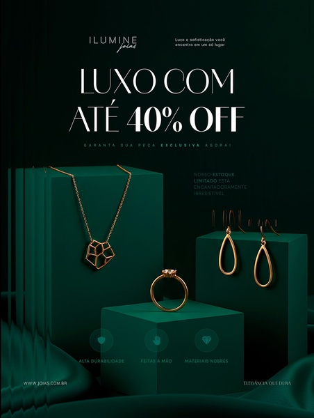 A high-end 3:4 jewelry advertisement featuring a necklace, ring, and earrings on dark green podiums with a clear discount offer.