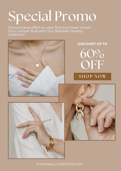 A multi-image fashion ad featuring high-end jewelry pieces with a clear discount offer and shop now button to drive conversions.