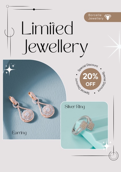 A clean, split-screen product layout showcasing earrings and a ring with a prominent percentage discount tag.
