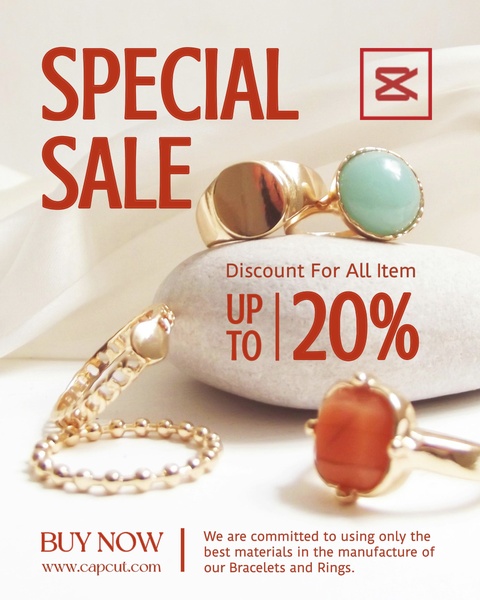 A clean, high-end studio aesthetic featuring various gold rings and gemstone accents on a natural stone base, highlighting a store-wide promotional offer.
