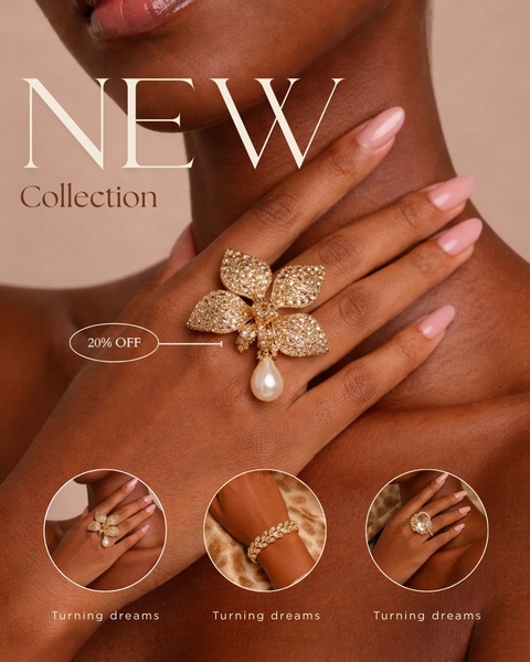 A high-end studio portrait featuring a model wearing a large floral statement ring and pearl, complemented by a 20% discount offer.