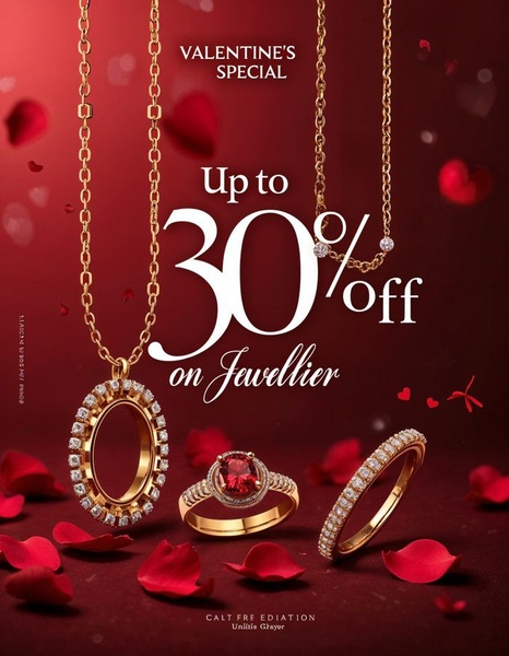 A high-contrast, elegant display featuring necklaces and rings set against a deep red background with floating rose petals.