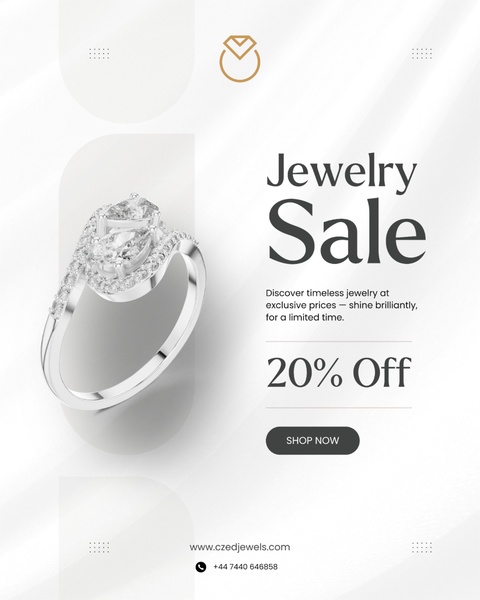 This creative showcases an elegant diamond ring on a clean, light background with a clear discount offer and shop now call-to-action.