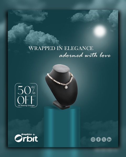 A refined product advertisement showcasing a pearl necklace on a mannequin stand against a moody, night-sky background, highlighting a 50% discount.