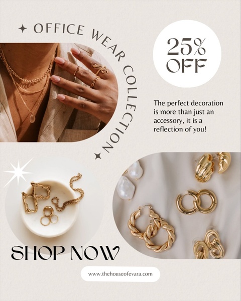 A sleek, multi-panel aesthetic jewelry ad featuring layered necklaces and gold hoops with a clear 25% off promotional offer.