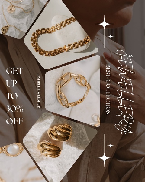 A high-end 4:5 collage featuring a collection of gold jewelry, including chains, bracelets, and earrings, with a promotional discount offer.