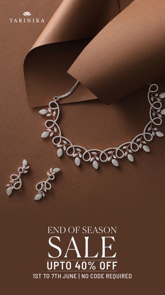 A minimalist, high-end promotional ad for a necklace and earring set featuring a clear sale offer with no code required.