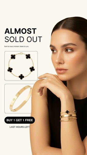A high-conversion 9:16 ad featuring two gold bracelets with a clear 'Buy 1 Get 1 Free' offer against a minimalist background.