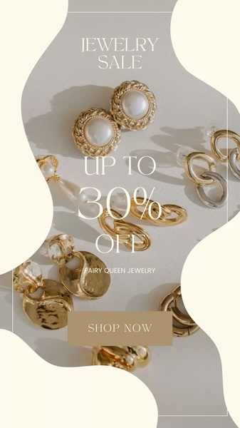 A high-end 9:16 vertical layout featuring gold jewelry on a neutral background with a clear discount overlay.