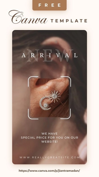 A sophisticated, vertical-format ad showcasing a new earring design with a clean, high-contrast focus box and clear promotional messaging.