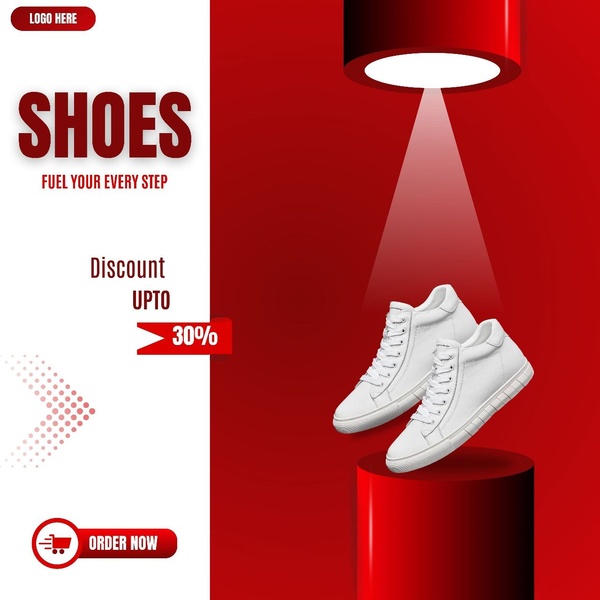 A clean, high-contrast product advertisement for sneakers featuring a spotlight effect on a pedestal with a 30% discount offer.