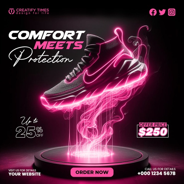 This 1:1 square ad showcases a high-tech running shoe suspended over a glowing neon platform, emphasizing protective, comfortable design with a clear discount incentive.