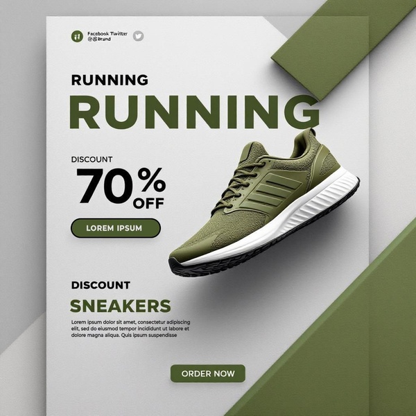 A clean, studio-lit ad creative featuring a single shoe suspended in a neutral, olive-themed environment with a clear 70% off discount offer.