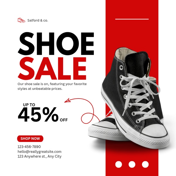 A square-formatted sale creative for high-top sneakers, utilizing bold red and black typography to highlight a 45 percent discount.