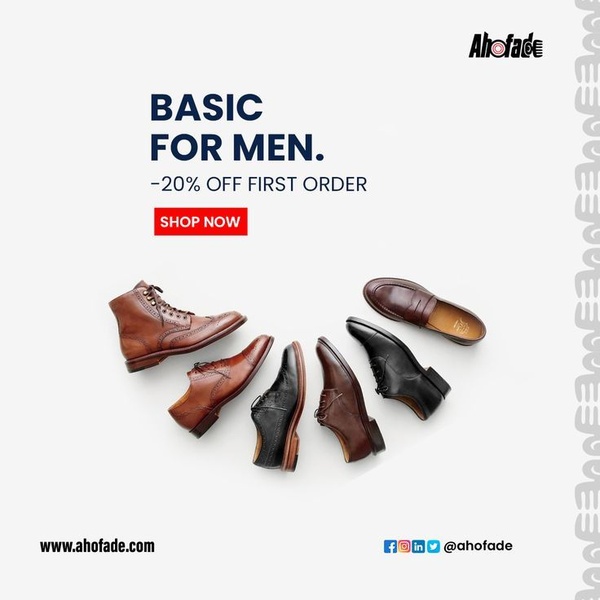 A clean, white-background ad featuring a radial arrangement of five different men's dress shoes with a clear discount offer.