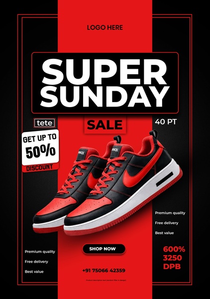 A vertical ad layout featuring a pair of running shoes centered against a red and black geometric background with bold promotional text.
