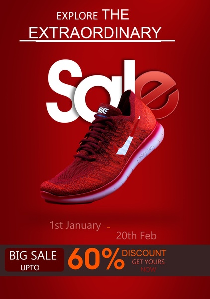 A visually striking promotional ad for running shoes that uses a monochromatic red color palette and bold typography to highlight a seasonal discount offer.
