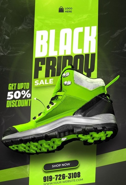 A high-impact promotional ad featuring a vibrant green hiking boot against a dark background, highlighting a 50% discount for Black Friday.