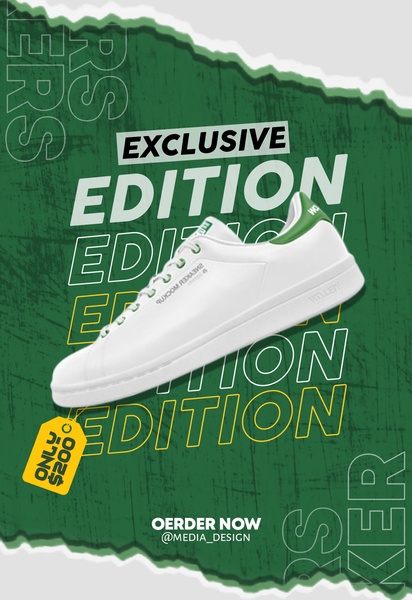 A minimalist, high-contrast digital advertisement featuring a single white sneaker against a textured green background with bold promotional text.