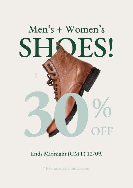 A clean, minimalist 30% off promotional ad for boots that uses clear typography and high-contrast product imagery to drive conversions.