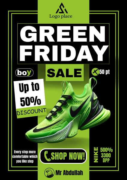 A 3:4 vertical advertisement featuring a neon green running shoe on a black background, emphasizing a 50% discount for a sale event.