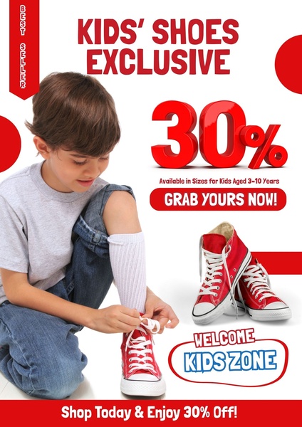This ad creative features a young boy tying his red sneakers with a prominent 30% discount offer and a clear call-to-action.