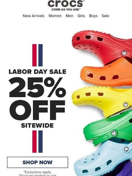 A vertical 3:4 aspect ratio ad featuring a vibrant stack of colorful clogs with clear, bold typography announcing a 25% off sale.