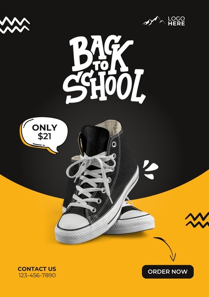 A high-contrast 3:4 vertical ad featuring a single sneaker on a split black and yellow background with clear pricing and a call-to-action.