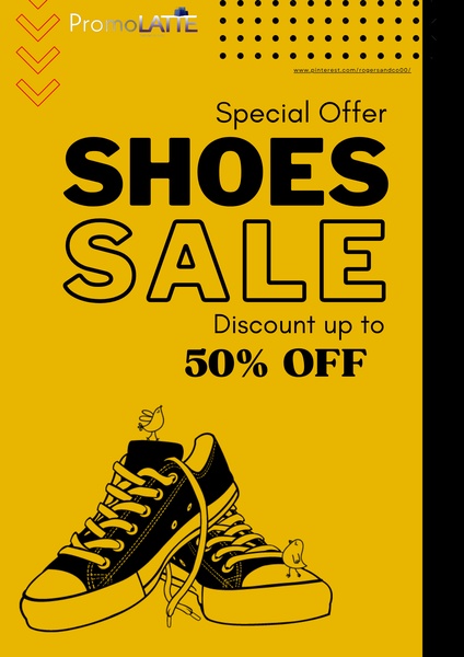 A high-contrast 3:4 aspect ratio ad featuring a yellow background, hand-drawn sneakers, and a direct 50% off sale message.