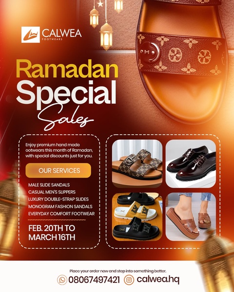 A festive promotional ad featuring a high-quality product grid of slide sandals and formal footwear, highlighting a limited-time sale event.