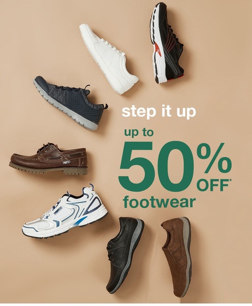 A flat-lay advertisement featuring various styles of footwear arranged neatly on a neutral background, highlighting a seasonal discount.