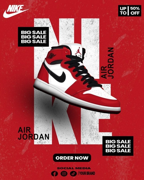 A high-impact 4:5 vertical ad showcasing a sneaker at the center of a bold, distressed red and white background, highlighting a 50% off discount.